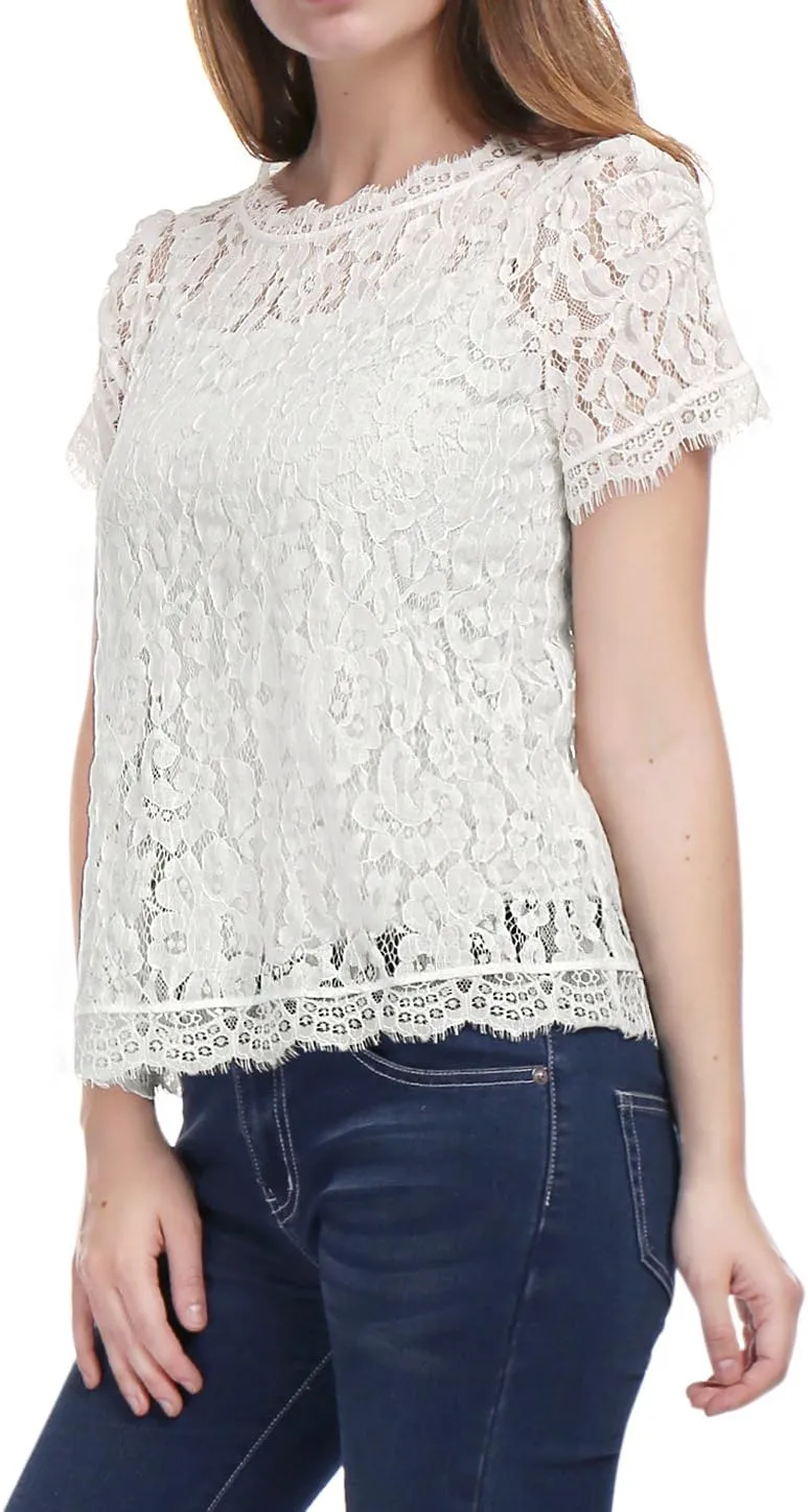 Allegra K Women's Lace Floral Scalloped Trim Short Sleeve Semi Sheer Top