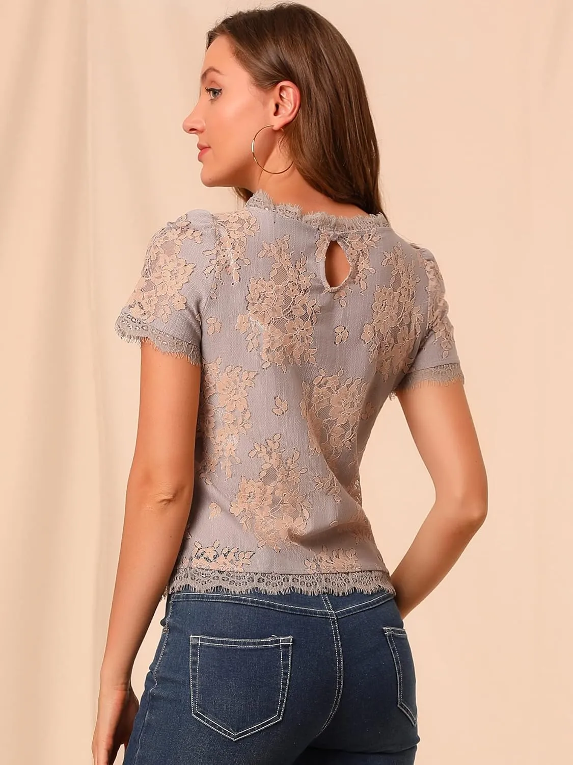 Allegra K Women's Lace Floral Scalloped Trim Short Sleeve Semi Sheer Top