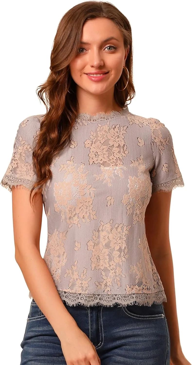 Allegra K Women's Lace Floral Scalloped Trim Short Sleeve Semi Sheer Top
