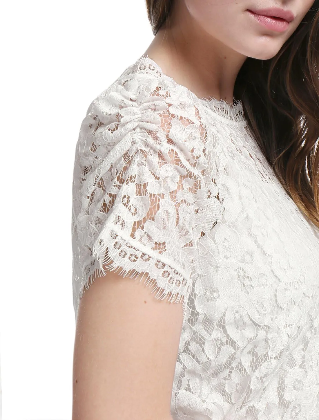 Allegra K Women's Lace Floral Scalloped Trim Short Sleeve Semi Sheer Top