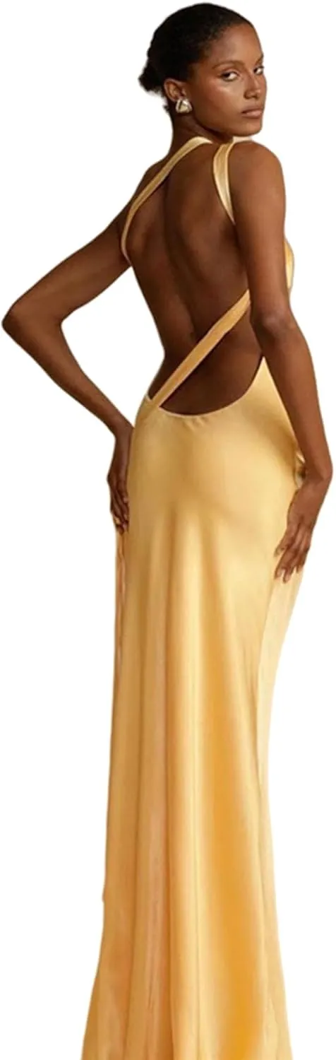 ANKOMINA Women's Sexy Satin Lace Up One Shoulder Bodycon Sleeveless Asymmetric Maxi Dresses for Party Cocktail