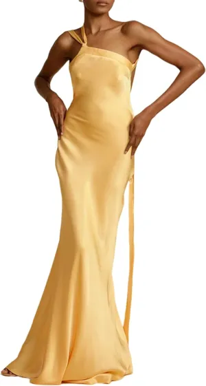ANKOMINA Women's Sexy Satin Lace Up One Shoulder Bodycon Sleeveless Asymmetric Maxi Dresses for Party Cocktail