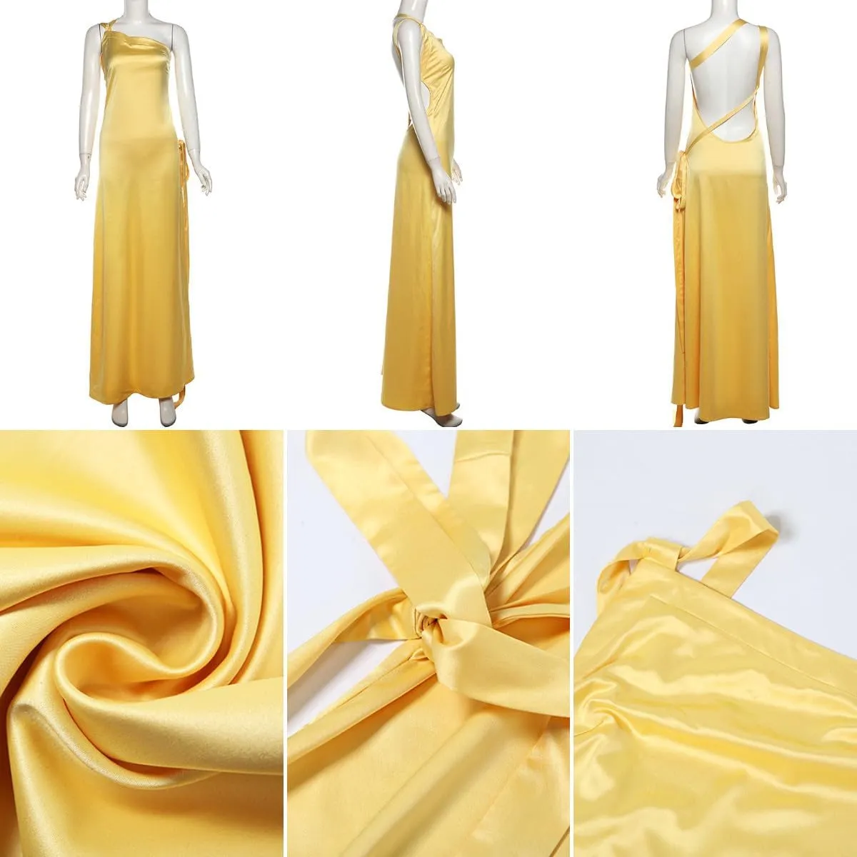ANKOMINA Women's Sexy Satin Lace Up One Shoulder Bodycon Sleeveless Asymmetric Maxi Dresses for Party Cocktail