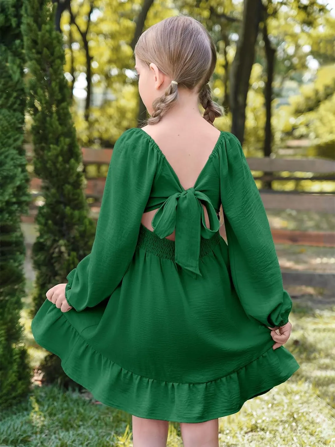 Batermoon Girls Long Sleeve Tie Back Dress Kids Fall Square Neck A-Line Mini Dresses 5-14 Years