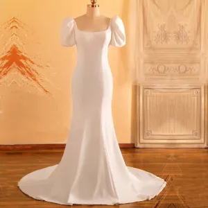 Beaded Square Neck Puffy Sleeves Crepe Mermaid Wedding Dress