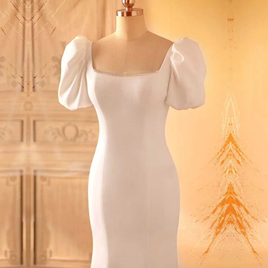 Beaded Square Neck Puffy Sleeves Crepe Mermaid Wedding Dress