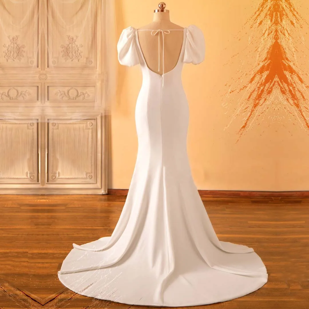 Beaded Square Neck Puffy Sleeves Crepe Mermaid Wedding Dress