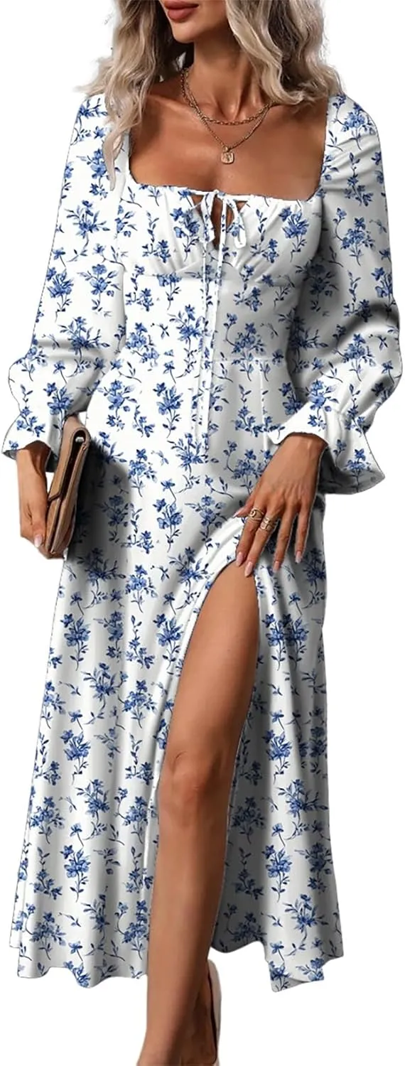 BLENCOT Womens Casual Square Neck Long Sleeve Boho Floral Midi Dress Print Side Split Dresses