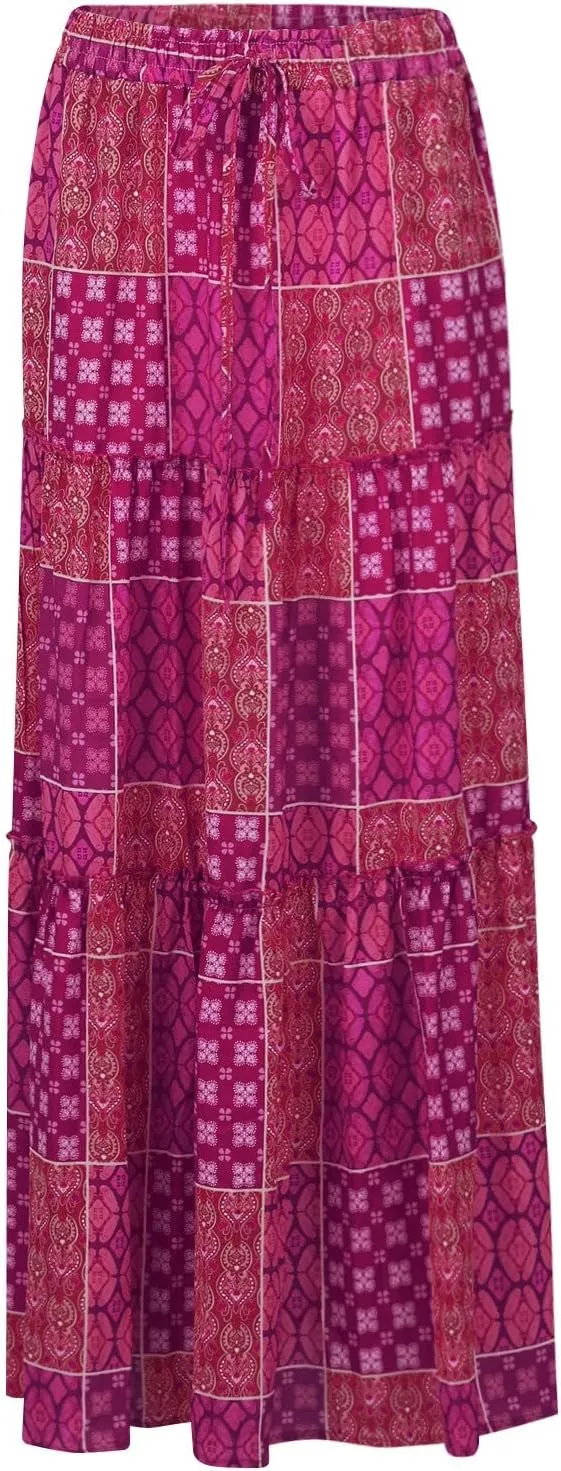 Boho Skirts for Women Summer Vacation High Waist Tie Loose Flower Print Elastic Waist Casual Long Maxi Party Skirt