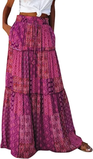 Boho Skirts for Women Summer Vacation High Waist Tie Loose Flower Print Elastic Waist Casual Long Maxi Party Skirt