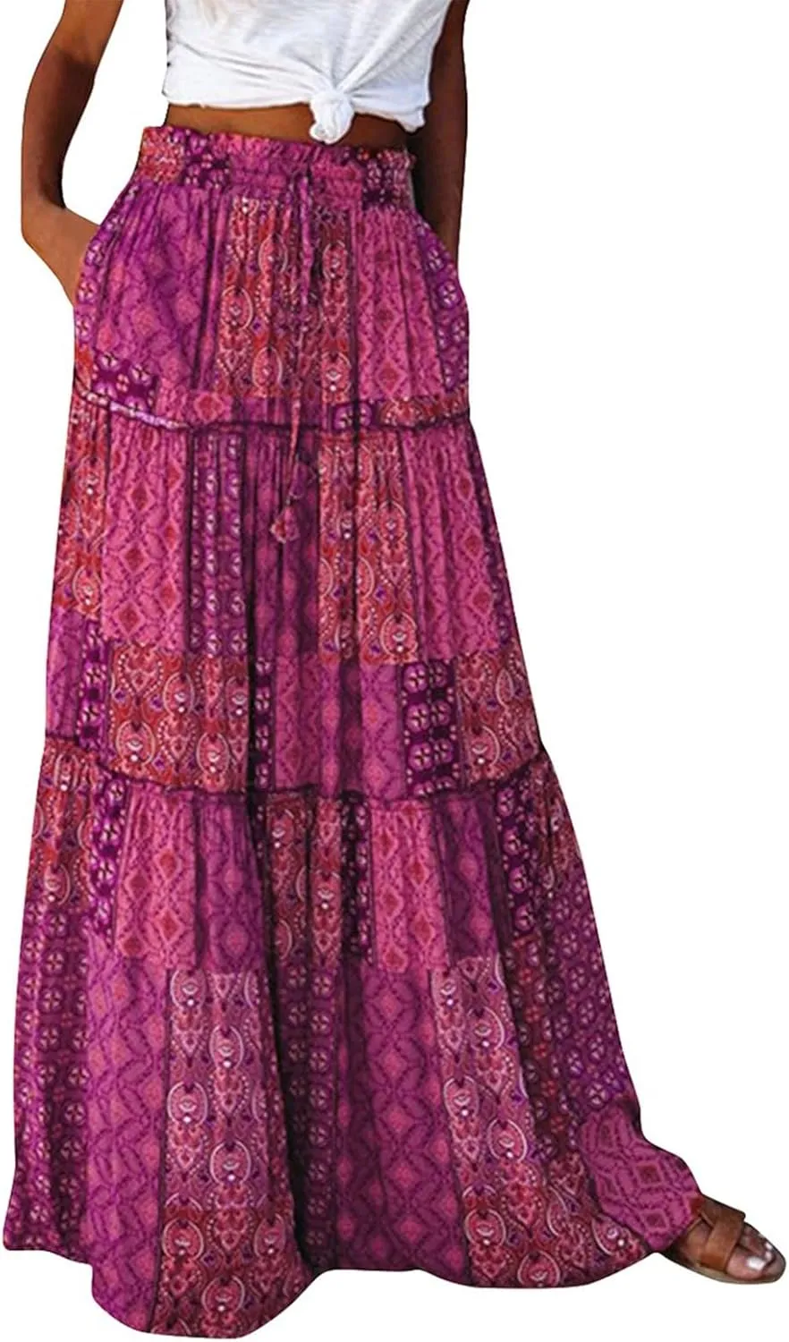 Boho Skirts for Women Summer Vacation High Waist Tie Loose Flower Print Elastic Waist Casual Long Maxi Party Skirt