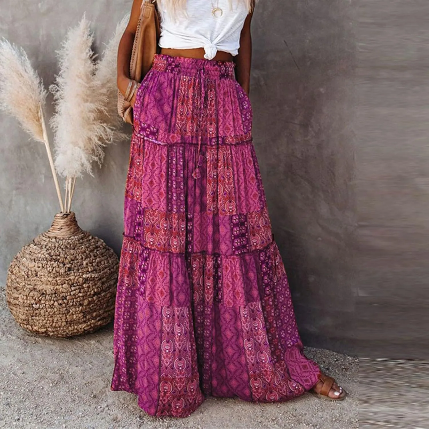 Boho Skirts for Women Summer Vacation High Waist Tie Loose Flower Print Elastic Waist Casual Long Maxi Party Skirt