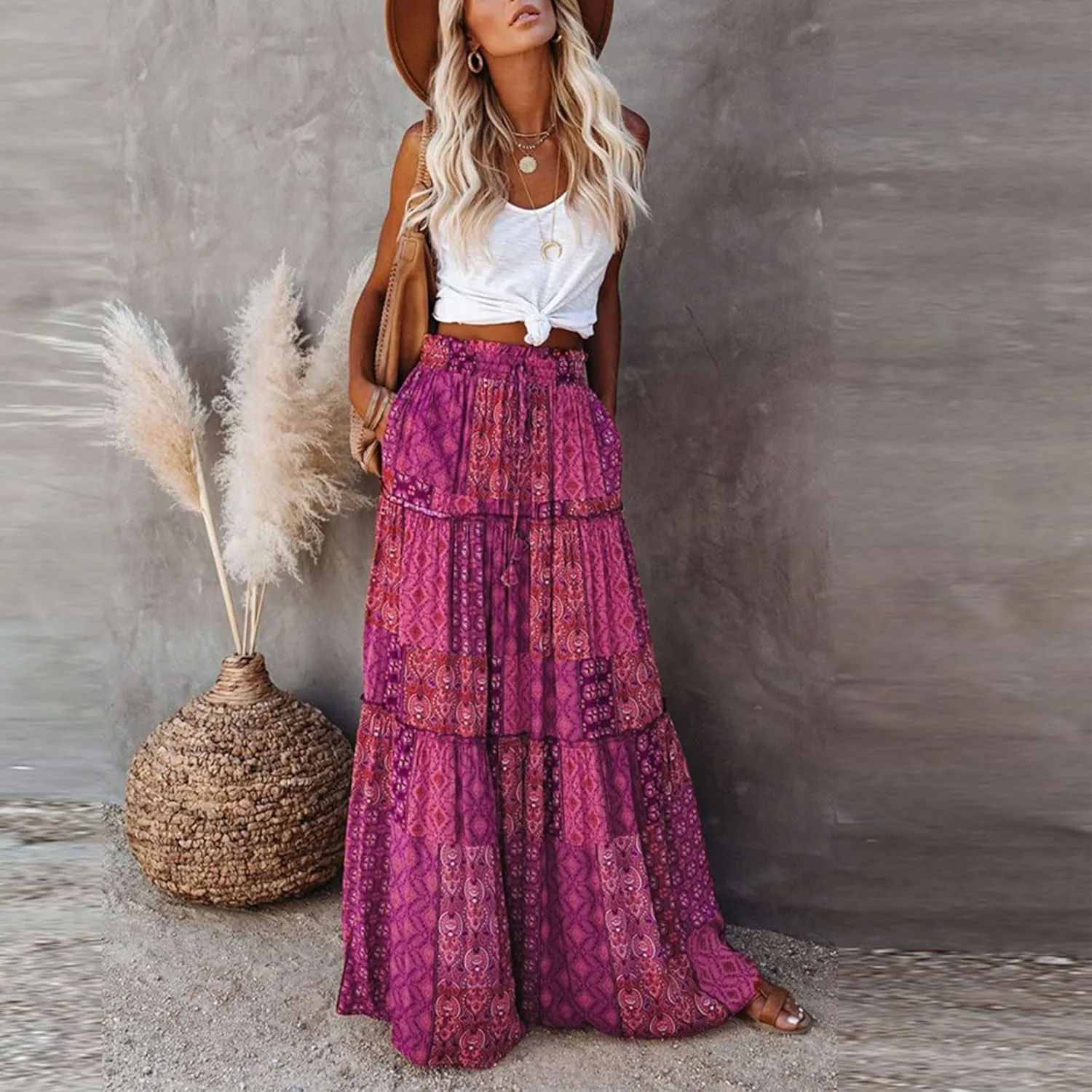 Boho Skirts for Women Summer Vacation High Waist Tie Loose Flower Print Elastic Waist Casual Long Maxi Party Skirt