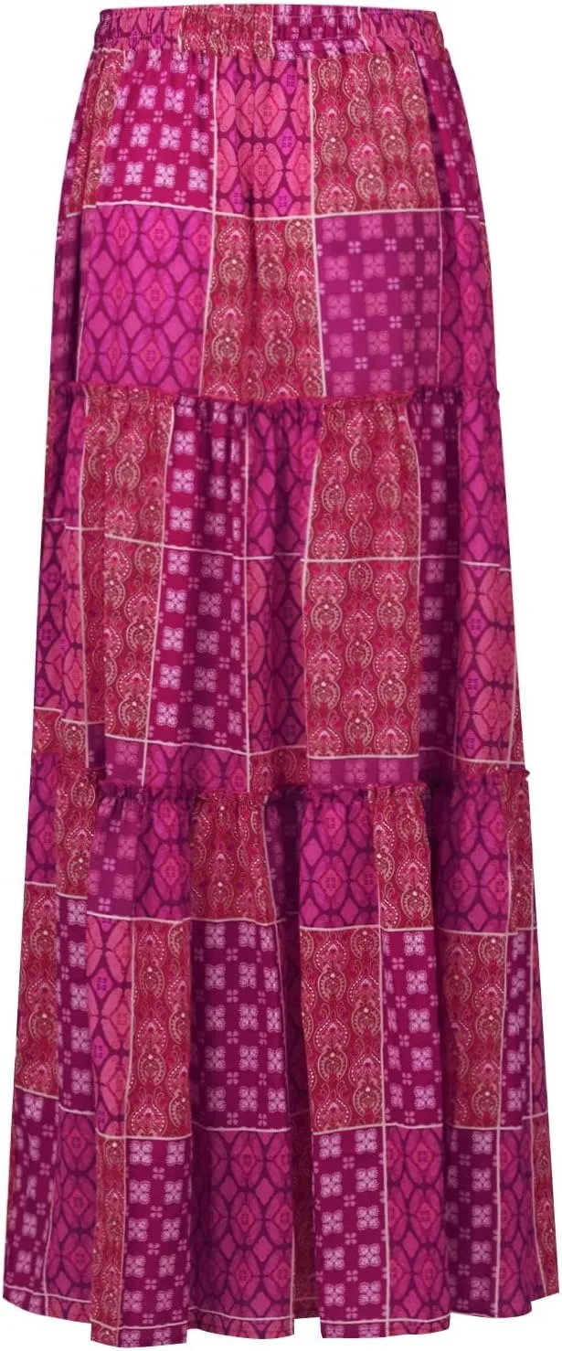 Boho Skirts for Women Summer Vacation High Waist Tie Loose Flower Print Elastic Waist Casual Long Maxi Party Skirt