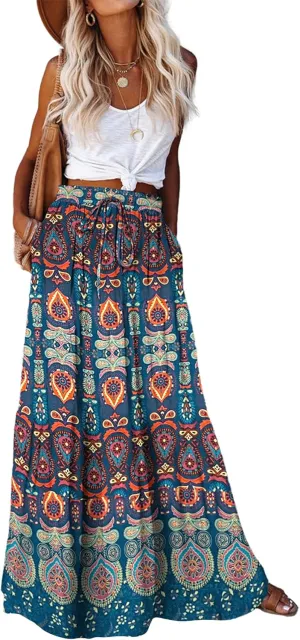 Bsubseach Skirts for Women Summer 2025 Boho Pleated Flowy Long Skirts Casual A Line Floral Maxi Skirt with Pockets