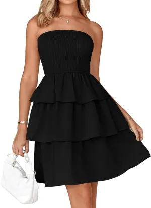 BTFBM 2025 Womens Summer Smocked Tube Dress Off Shoulder Strapless Casual Sundress Tiered Mini Beach Vacation Dresses
