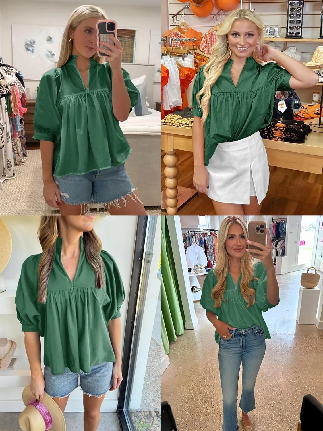 Cicy Bell Womens Puff Sleeve V Neck Blouse Babydoll Peplum Tops Dressy Casual Pleated Loose Fit Shirts