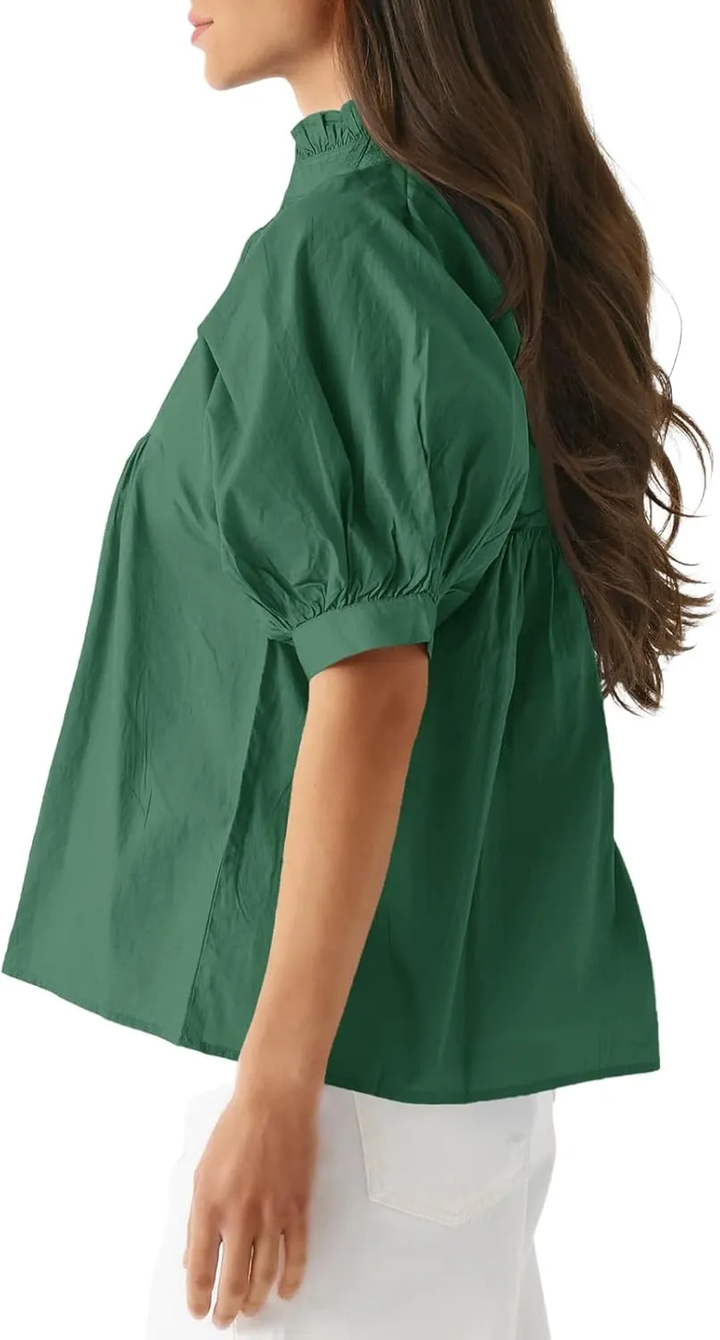Cicy Bell Womens Puff Sleeve V Neck Blouse Babydoll Peplum Tops Dressy Casual Pleated Loose Fit Shirts