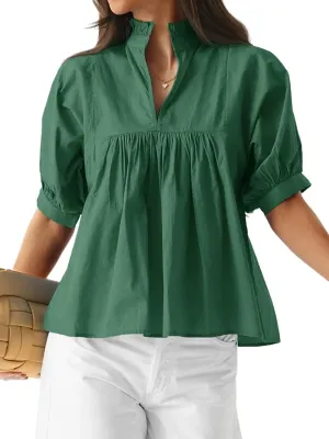 Cicy Bell Womens Puff Sleeve V Neck Blouse Babydoll Peplum Tops Dressy Casual Pleated Loose Fit Shirts