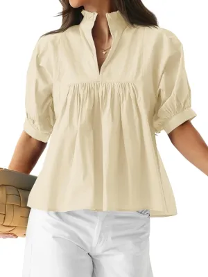 Cicy Bell Womens Puff Sleeve V Neck Blouse Babydoll Peplum Tops Dressy Casual Pleated Loose Fit Shirts