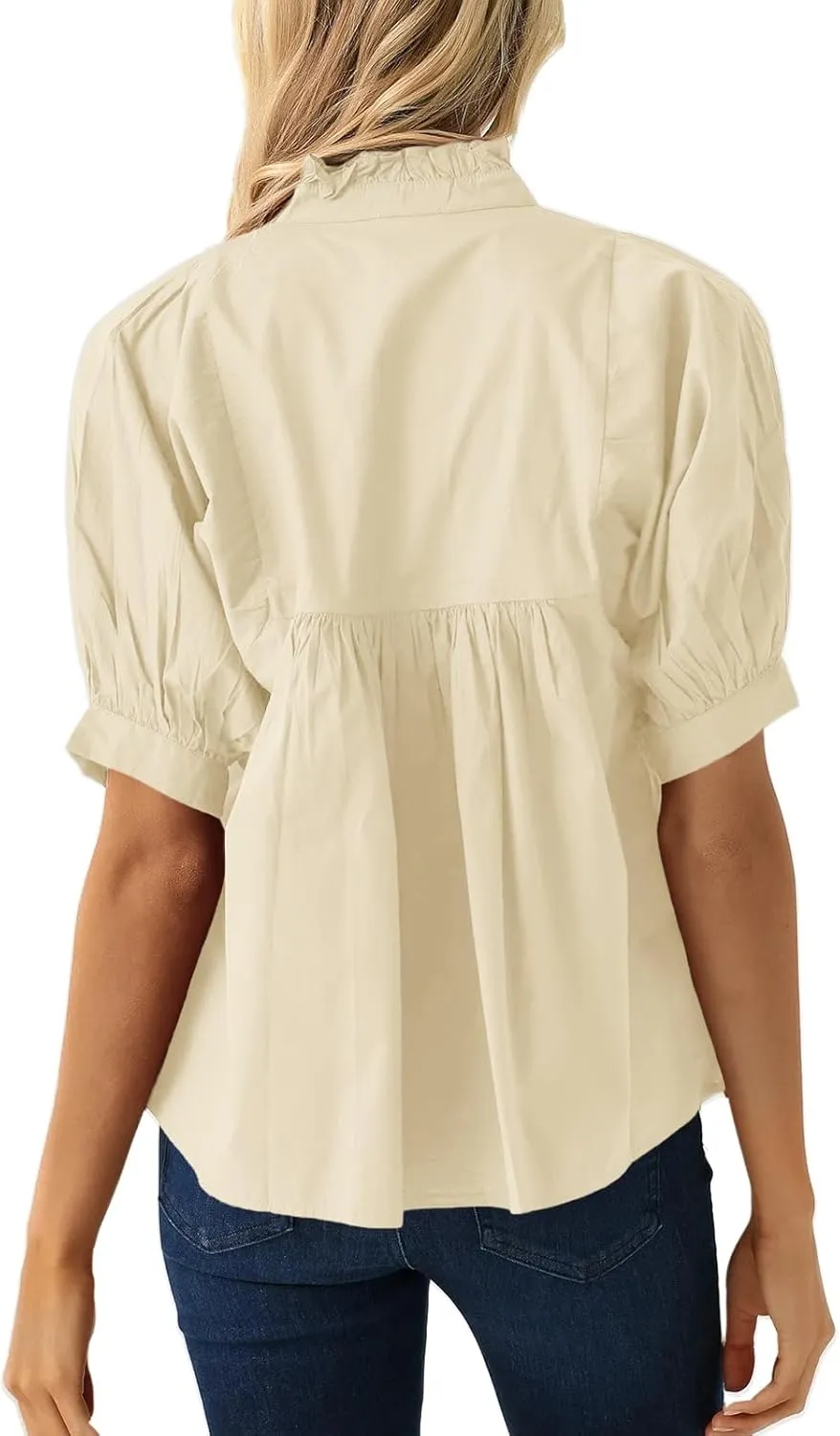 Cicy Bell Womens Puff Sleeve V Neck Blouse Babydoll Peplum Tops Dressy Casual Pleated Loose Fit Shirts