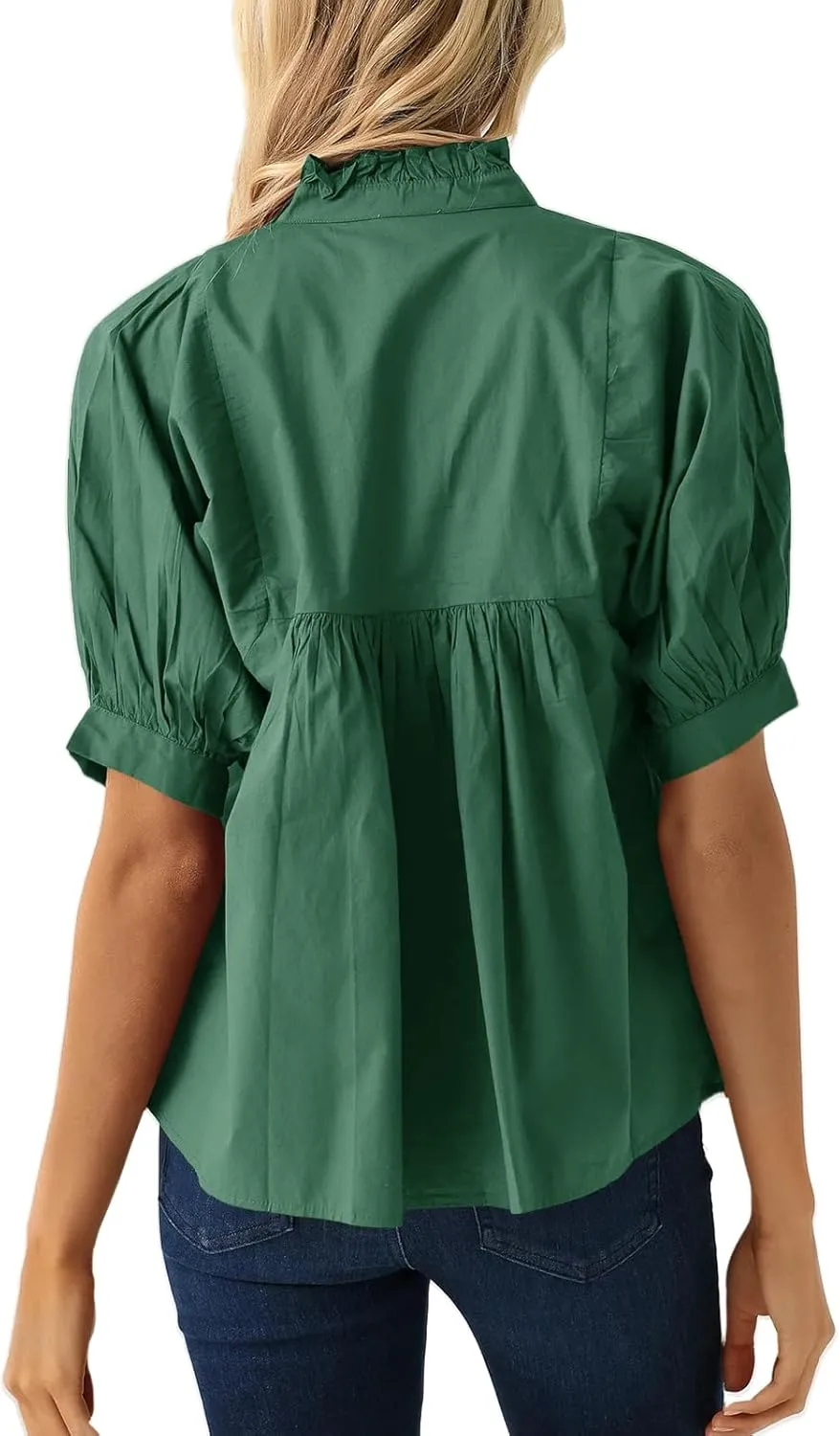 Cicy Bell Womens Puff Sleeve V Neck Blouse Babydoll Peplum Tops Dressy Casual Pleated Loose Fit Shirts