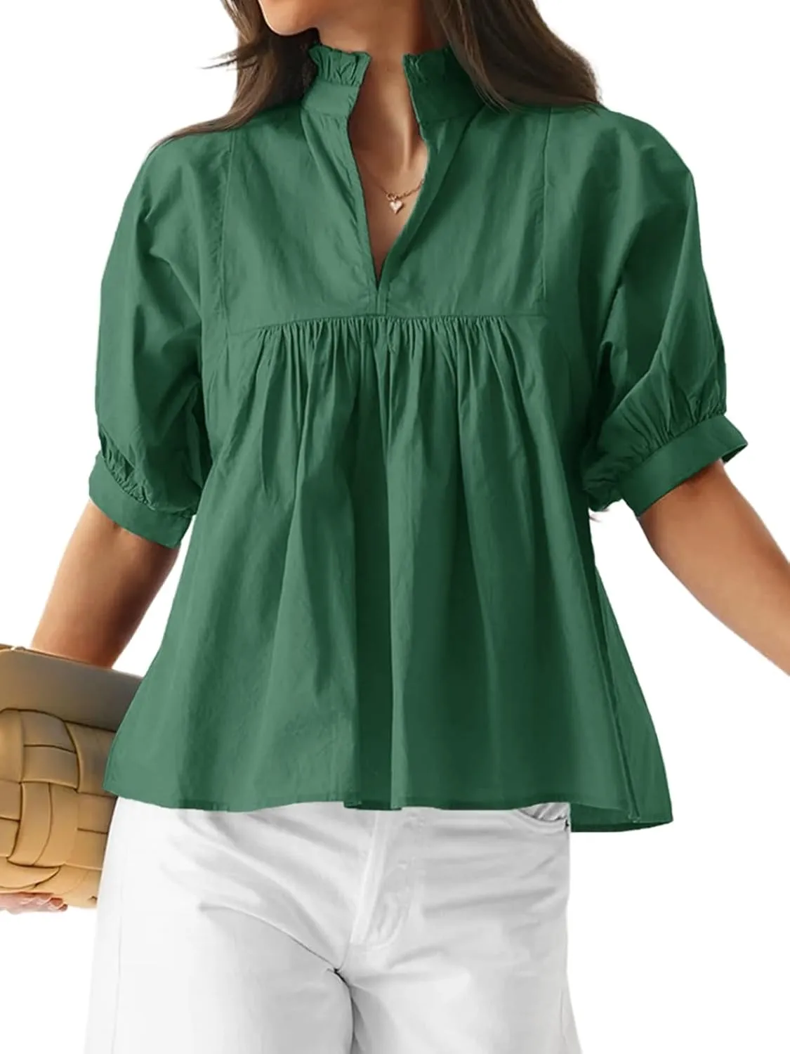 Cicy Bell Womens Puff Sleeve V Neck Blouse Babydoll Peplum Tops Dressy Casual Pleated Loose Fit Shirts