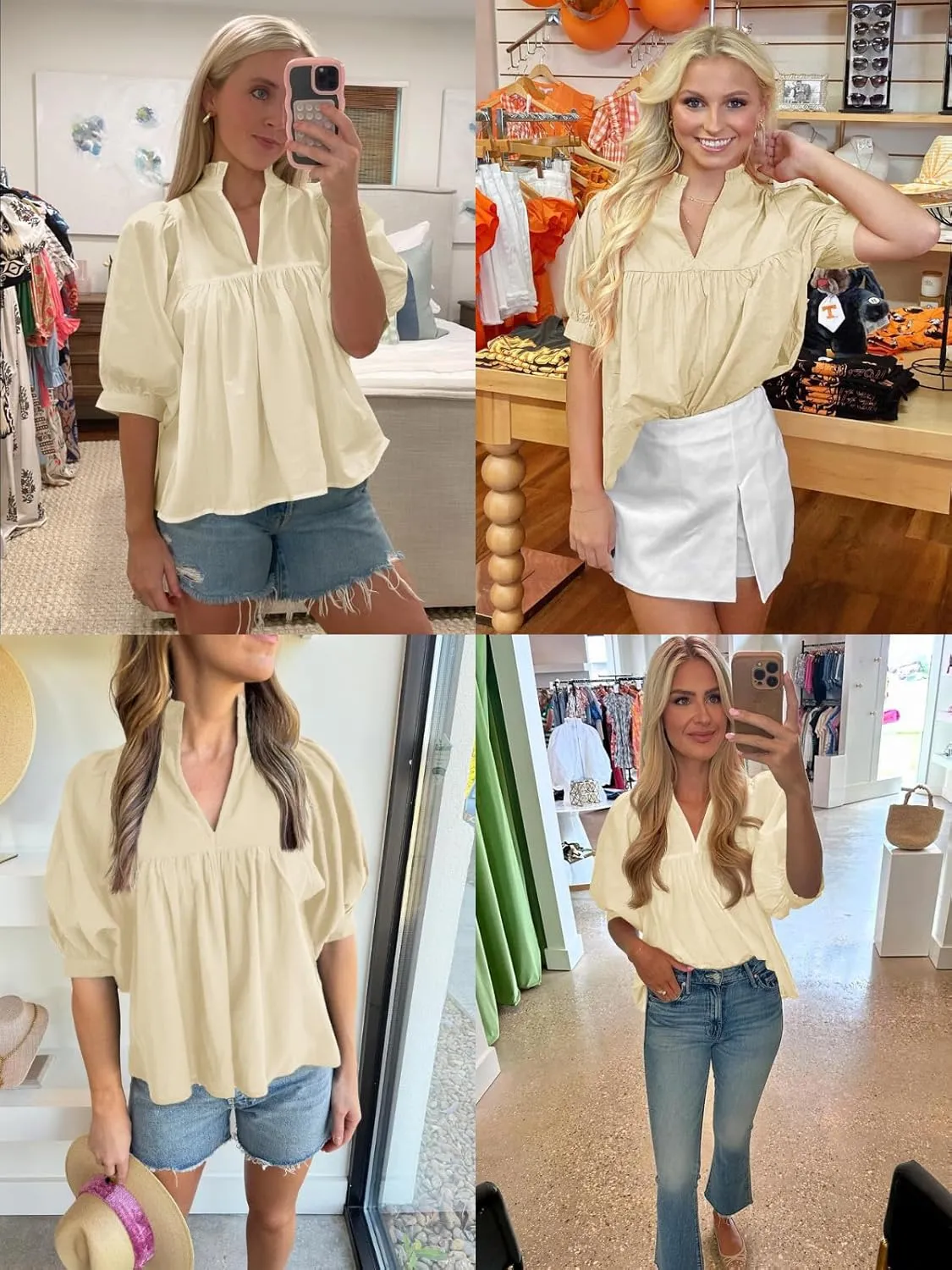 Cicy Bell Womens Puff Sleeve V Neck Blouse Babydoll Peplum Tops Dressy Casual Pleated Loose Fit Shirts