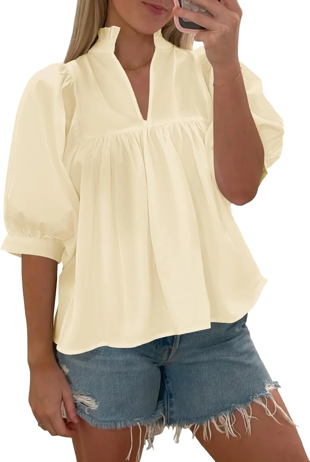 Cicy Bell Womens Puff Sleeve V Neck Blouse Babydoll Peplum Tops Dressy Casual Pleated Loose Fit Shirts