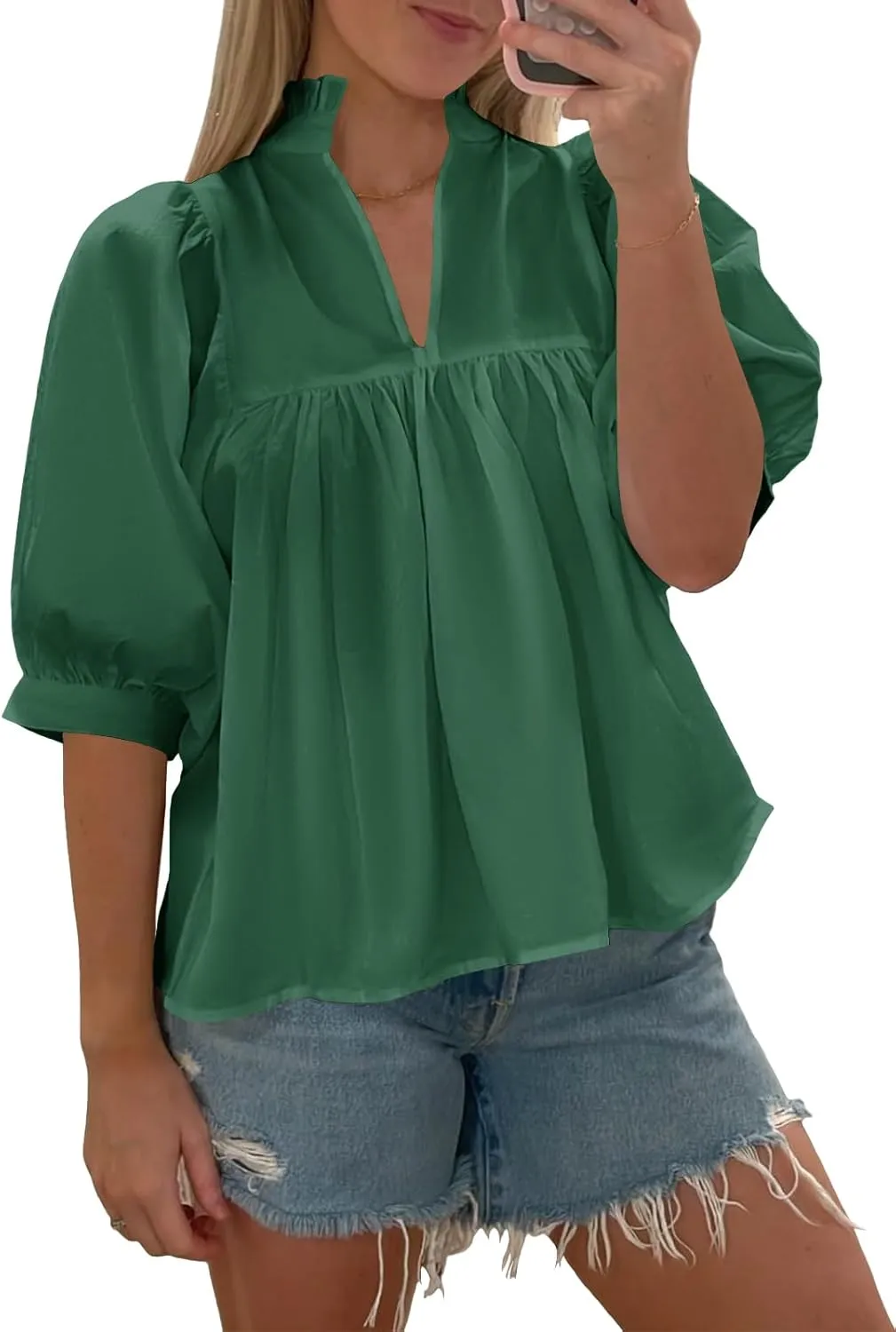 Cicy Bell Womens Puff Sleeve V Neck Blouse Babydoll Peplum Tops Dressy Casual Pleated Loose Fit Shirts