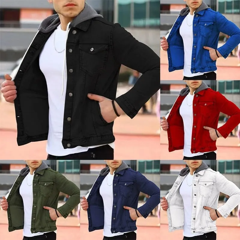 Denim Hoodie Military Jacket for Men Casual Slim Fit Button Down Jeans Coat Fashion Winter Denim Trucker Jacket