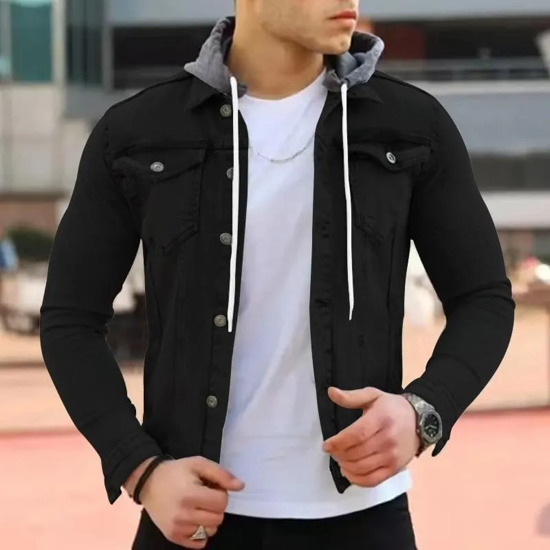 Denim Hoodie Military Jacket for Men Casual Slim Fit Button Down Jeans Coat Fashion Winter Denim Trucker Jacket