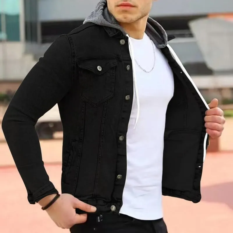 Denim Hoodie Military Jacket for Men Casual Slim Fit Button Down Jeans Coat Fashion Winter Denim Trucker Jacket