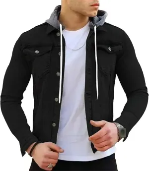 Denim Hoodie Military Jacket for Men Casual Slim Fit Button Down Jeans Coat Fashion Winter Denim Trucker Jacket