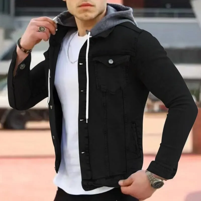 Denim Hoodie Military Jacket for Men Casual Slim Fit Button Down Jeans Coat Fashion Winter Denim Trucker Jacket