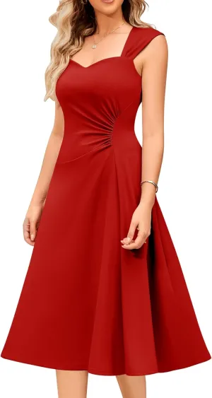 Dressystar Womens Wrap A Line Cocktail Party Dress Ruched Midi Sleeveless Straps Swing Formal Wedding Guest Dresses