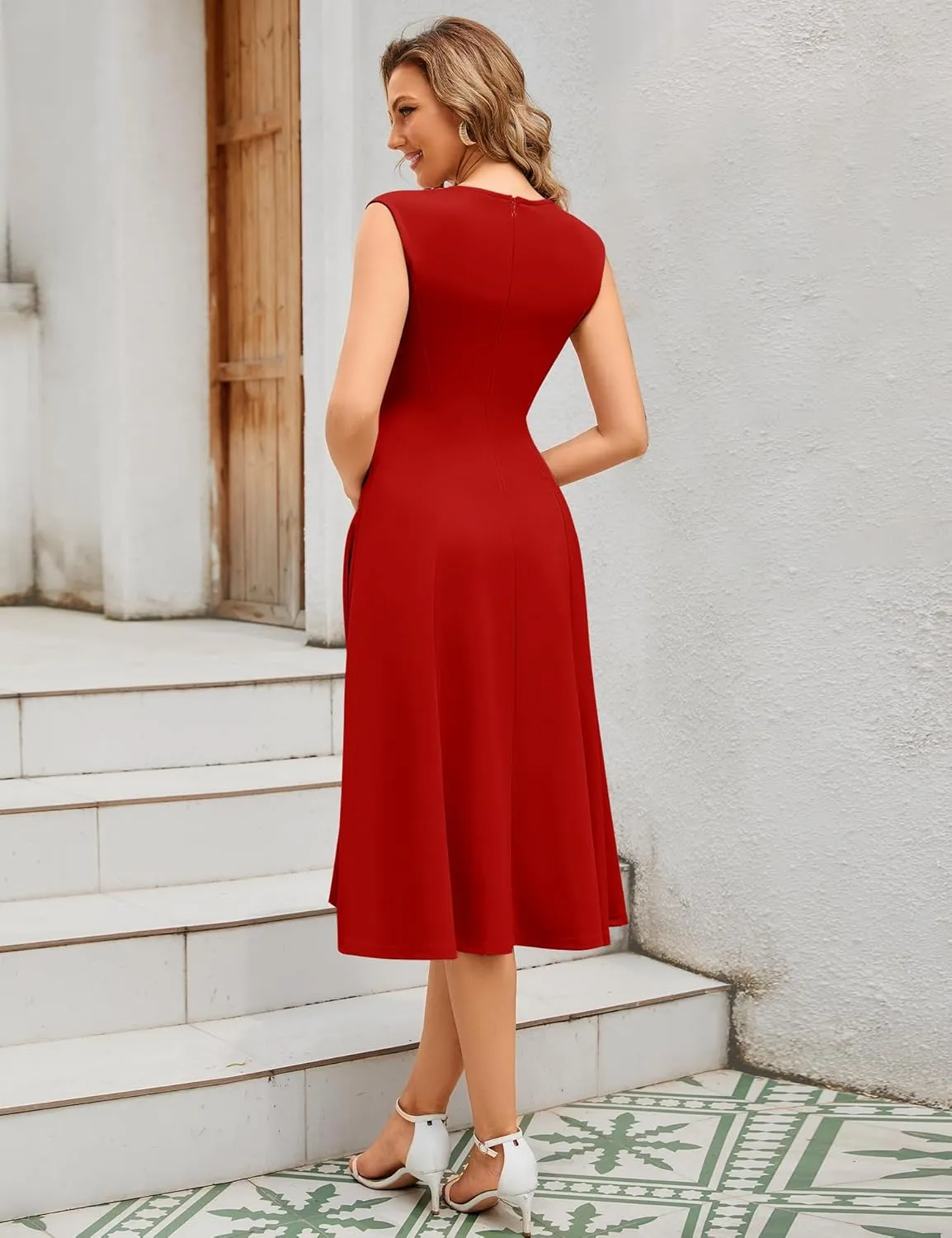 Dressystar Womens Wrap A Line Cocktail Party Dress Ruched Midi Sleeveless Straps Swing Formal Wedding Guest Dresses