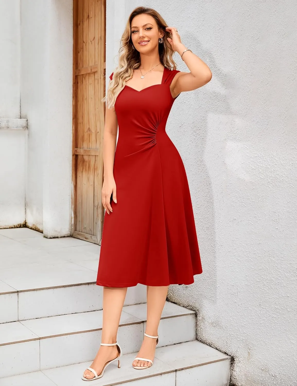 Dressystar Womens Wrap A Line Cocktail Party Dress Ruched Midi Sleeveless Straps Swing Formal Wedding Guest Dresses