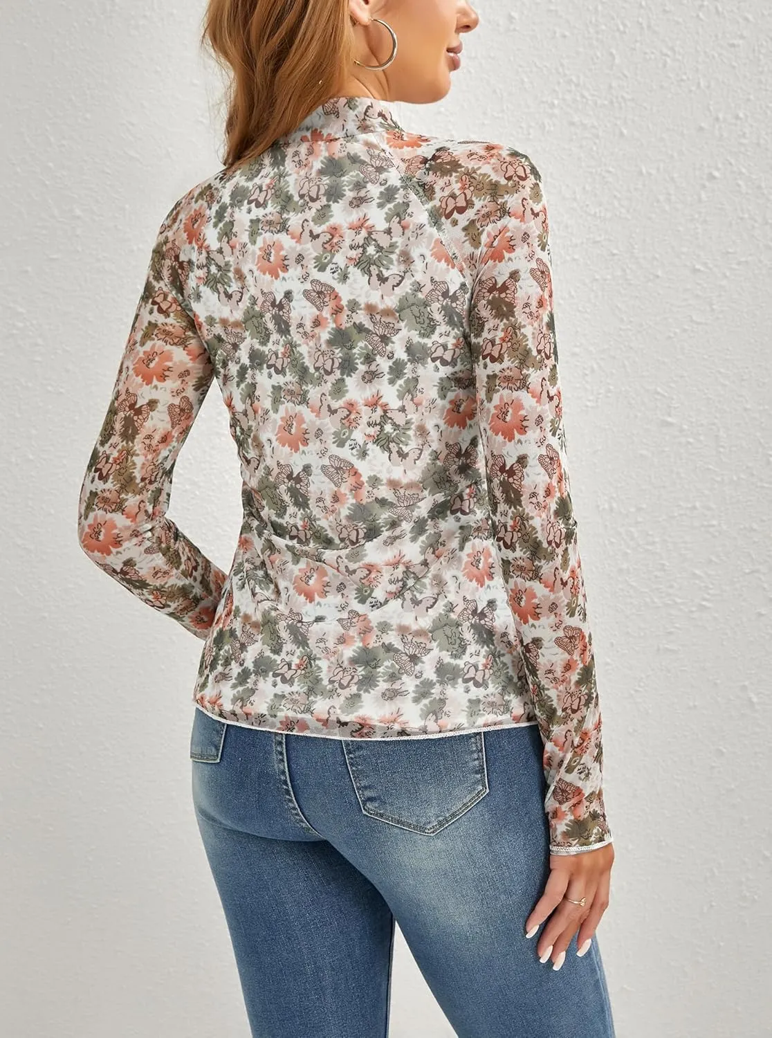 Floral Mesh Top for Women Mock Neck Long Sleeve Floral Shirts Date Night Outfit