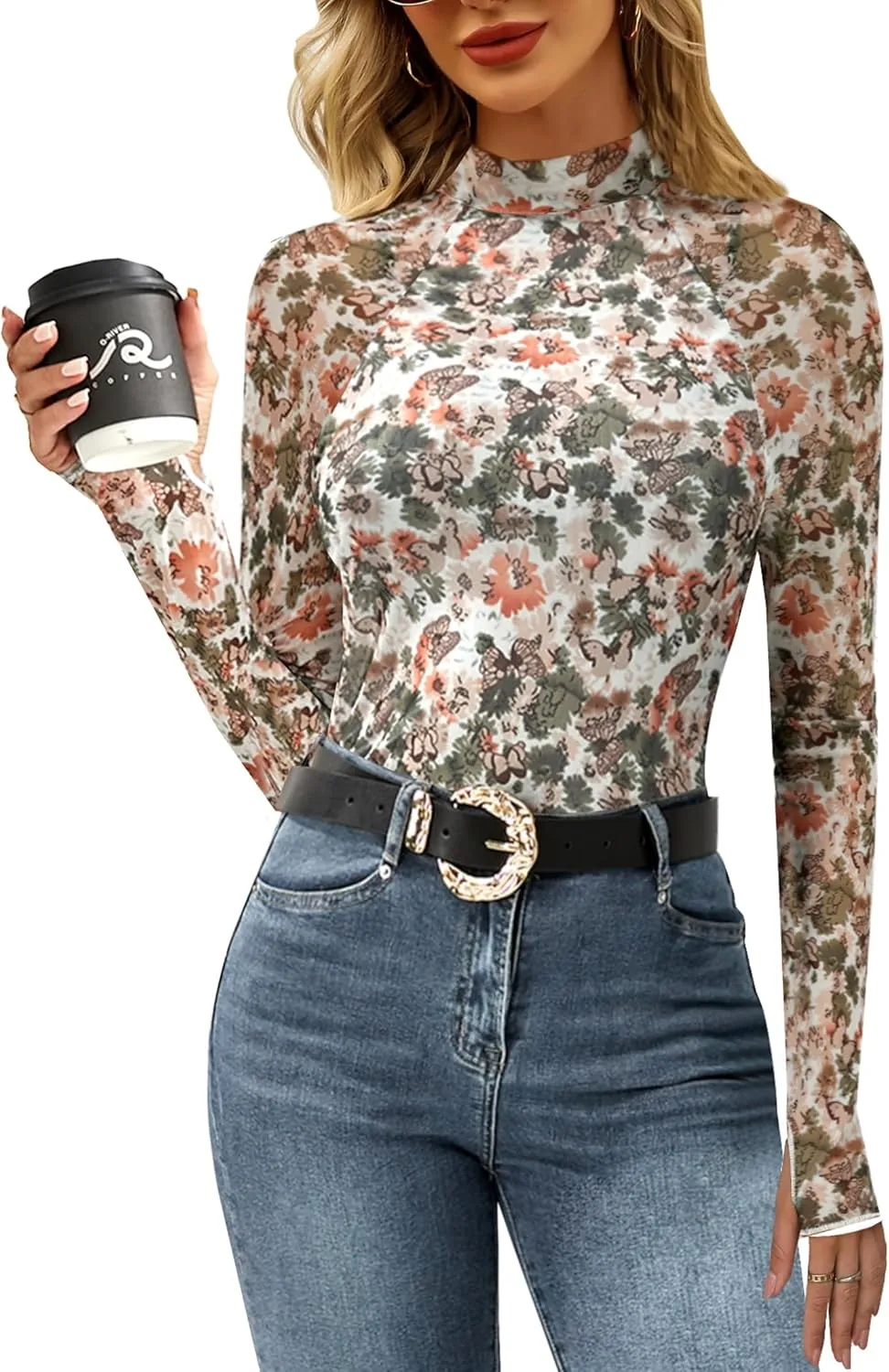 Floral Mesh Top for Women Mock Neck Long Sleeve Floral Shirts Date Night Outfit