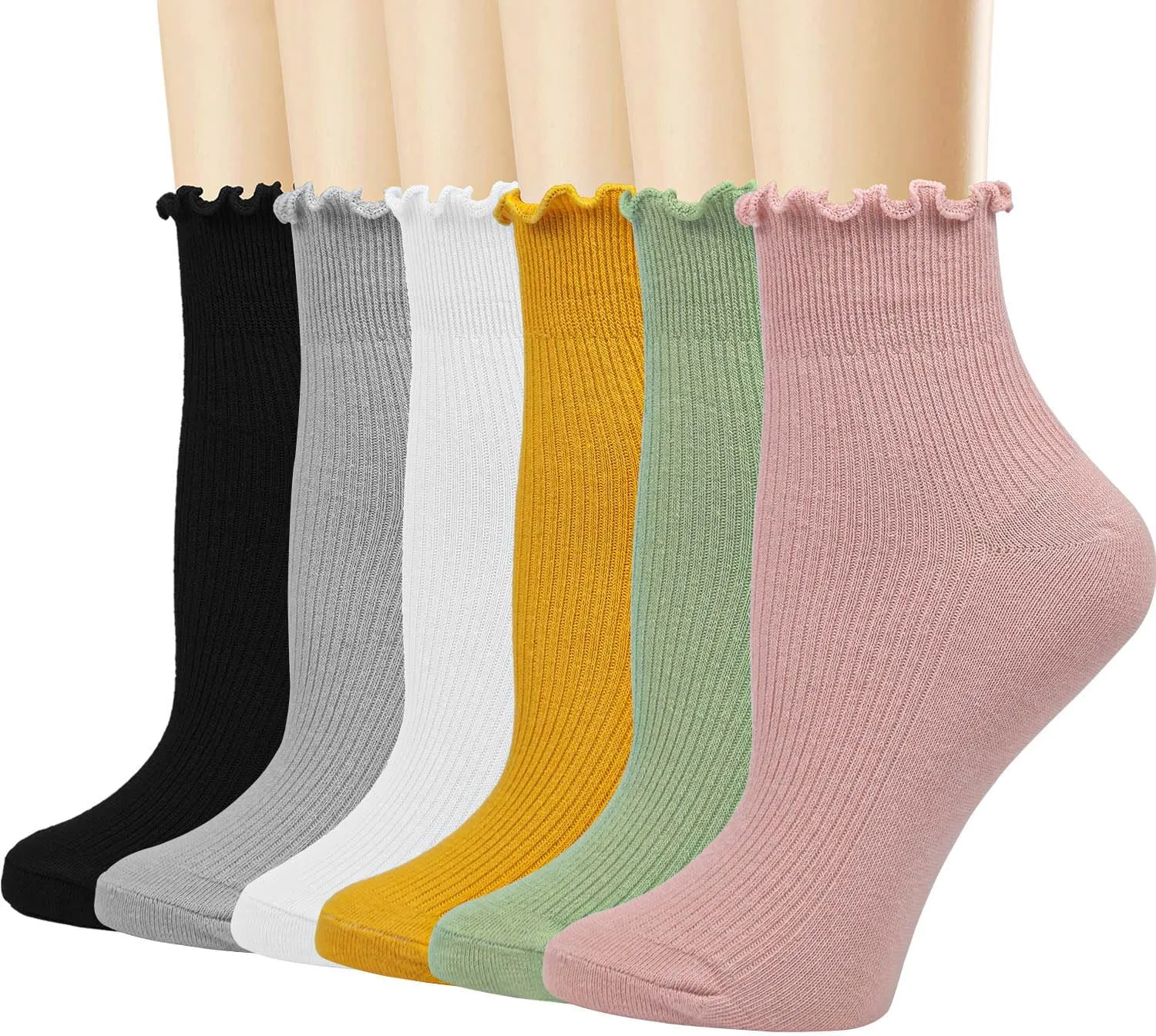 Ginmewrae Womens Ruffle Socks Cute Frilly Ankle Socks Breathable Cotton Warm Soft Casual Crew Socks for Women 6 Pack