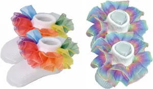 Hopply Toddler Girls Double Lace Socks Turn Cuff Shimmering Big Ruffle Rainbow Style Dress Lace Socks for Infant Kids