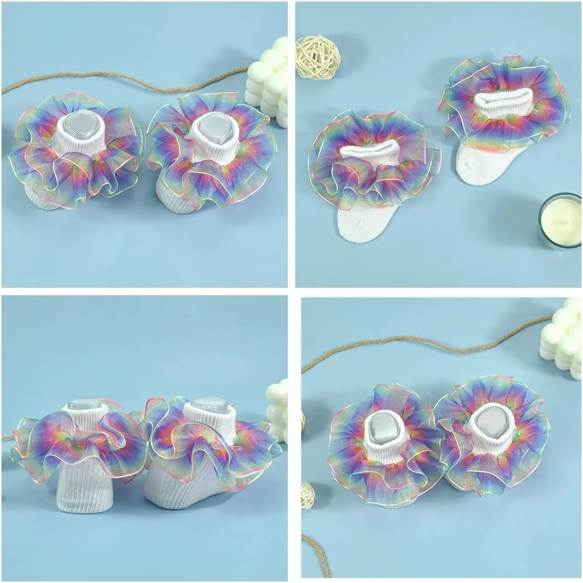 Hopply Toddler Girls Double Lace Socks Turn Cuff Shimmering Big Ruffle Rainbow Style Dress Lace Socks for Infant Kids