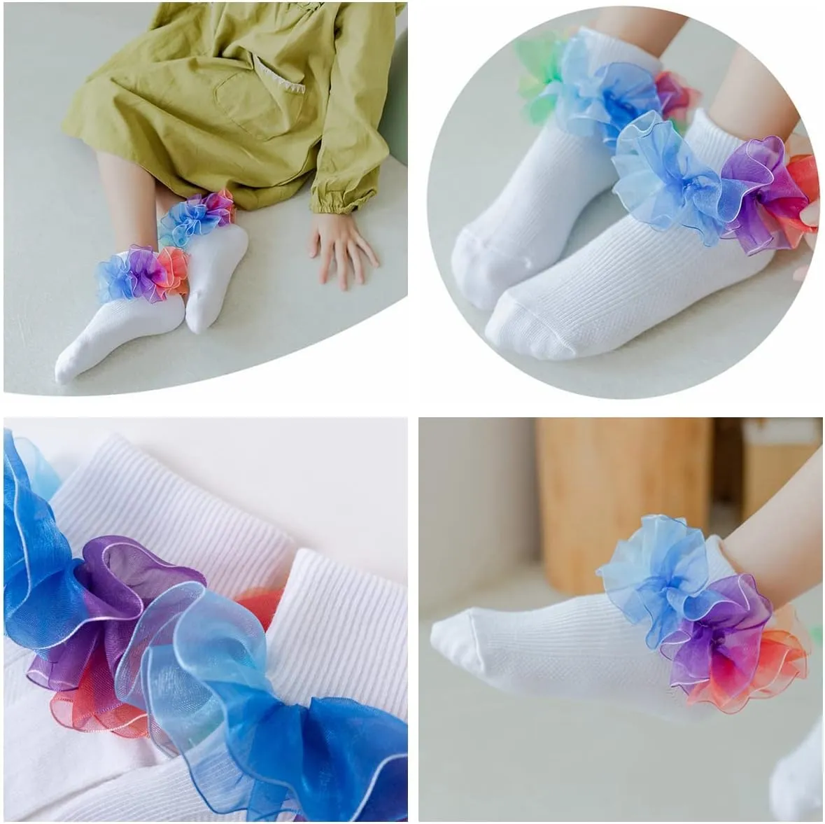 Hopply Toddler Girls Double Lace Socks Turn Cuff Shimmering Big Ruffle Rainbow Style Dress Lace Socks for Infant Kids