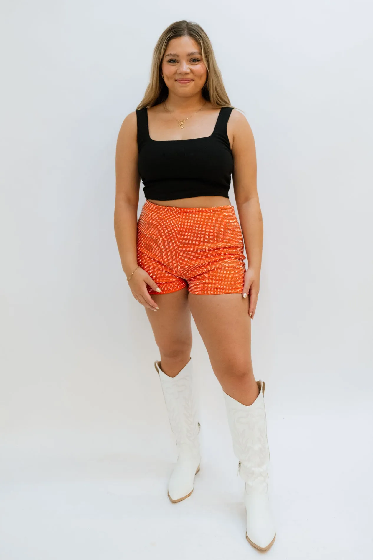 It's Showtime Rhinestone Shorts - Orange