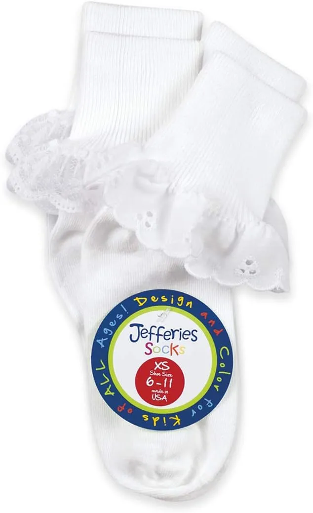 Jefferies Socks Girls Lace Eyelet Fancy Frilly School Dress Turn Cuff Socks 2 Pair Pack