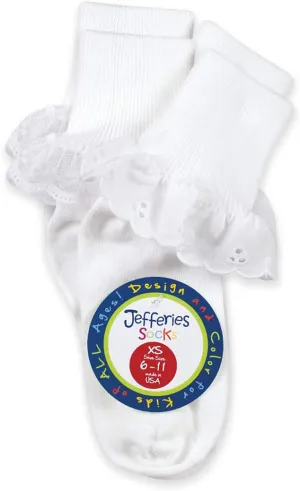Jefferies Socks Girls Lace Eyelet Fancy Frilly School Dress Turn Cuff Socks 2 Pair Pack