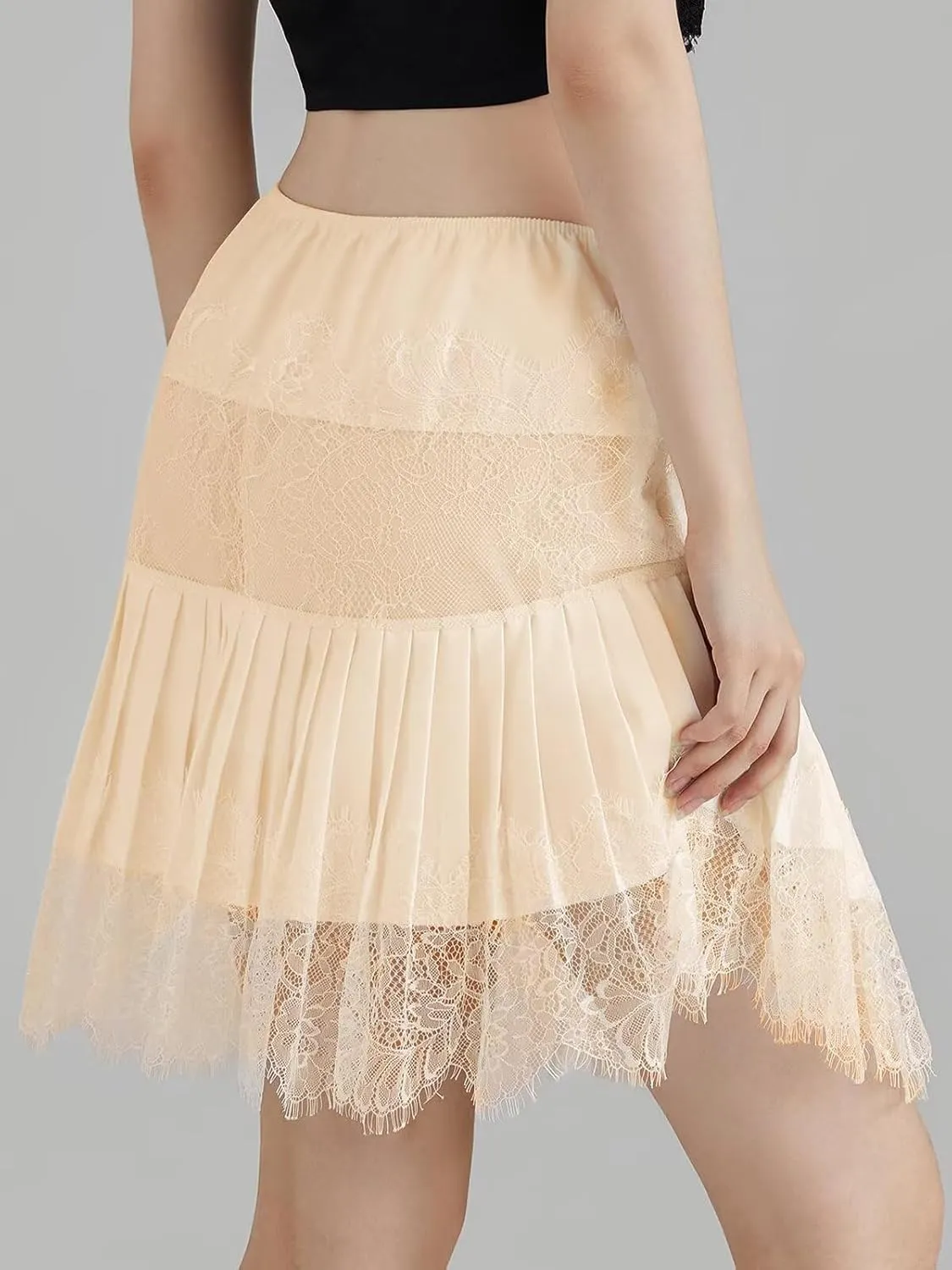 JURIS Women Lace Skirt Y2k Lace Mini Skirt Elastic Waist Half Slip Pleated Ruffle Flora Underskirt Short Flowy Dress 2025