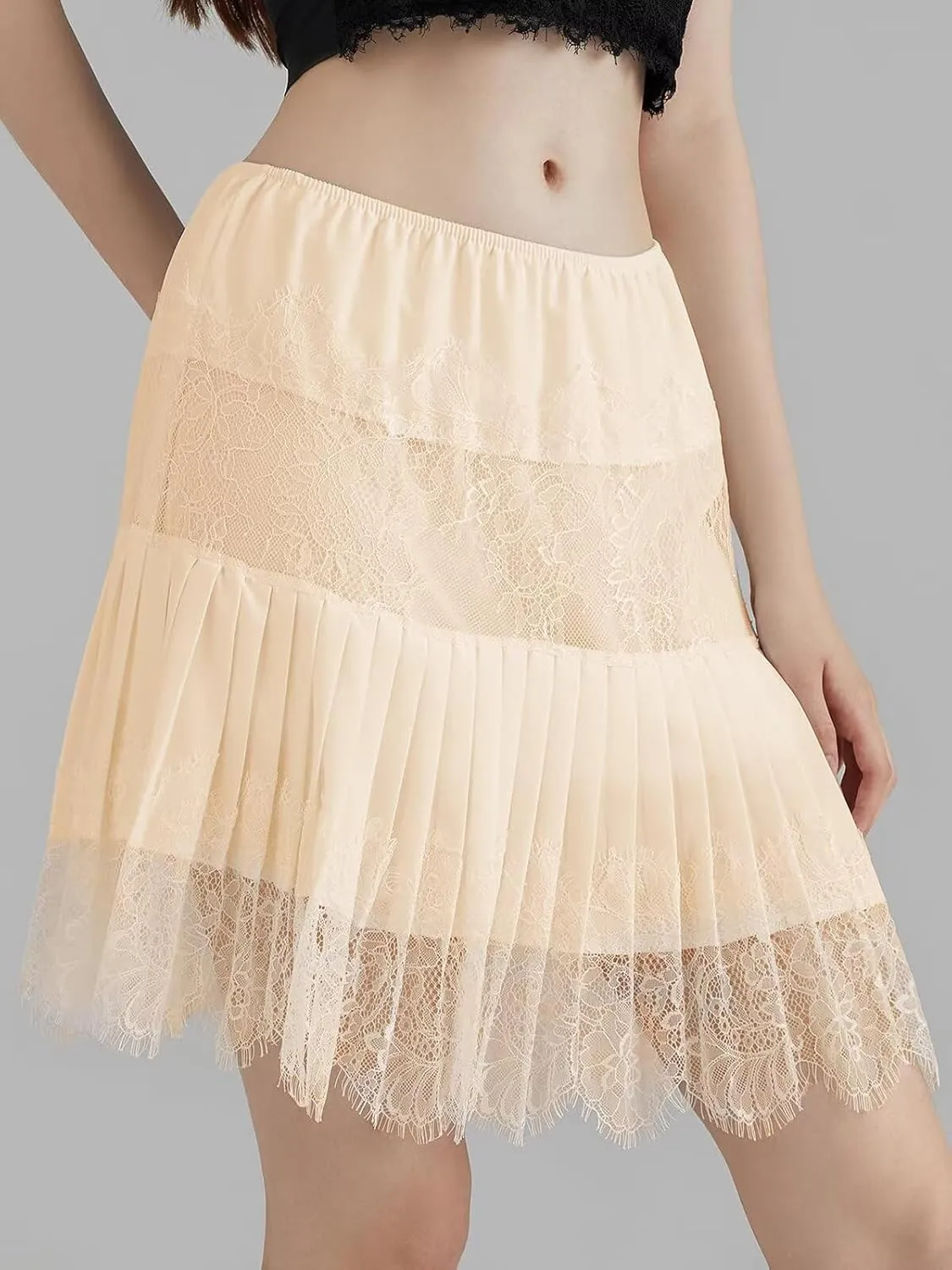 JURIS Women Lace Skirt Y2k Lace Mini Skirt Elastic Waist Half Slip Pleated Ruffle Flora Underskirt Short Flowy Dress 2025
