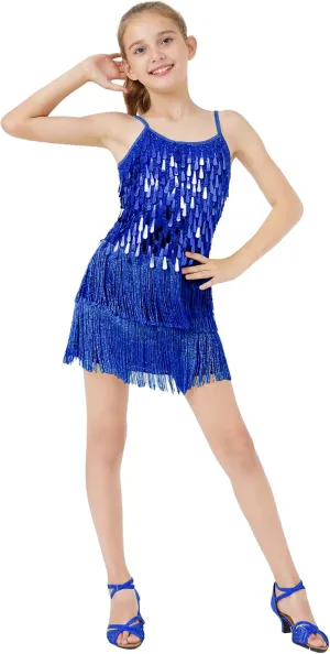 LOLANTA 2Pcs Girls Sequin Fringe Dress, Salsa Cha Cha Tassel Latin Dance Dress & Shorts, Adjustable Spaghetti Strap 5-13 Yrs